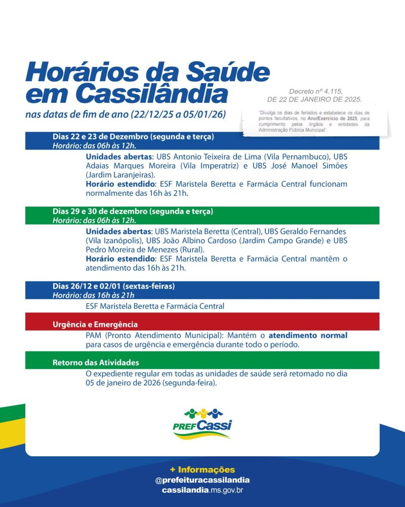 Ilustração da notícia Prefeitura de Cassilândia informa horários especiais de fim de ano nas unidades municipais de saúde